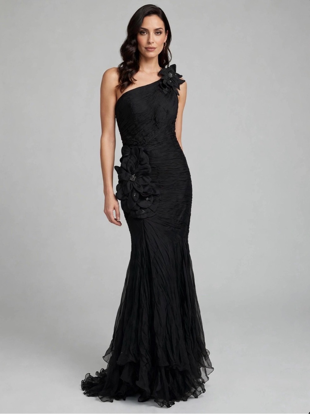 Jovani Black One-Shoulder Floral-Appliqué Mermaid Gown